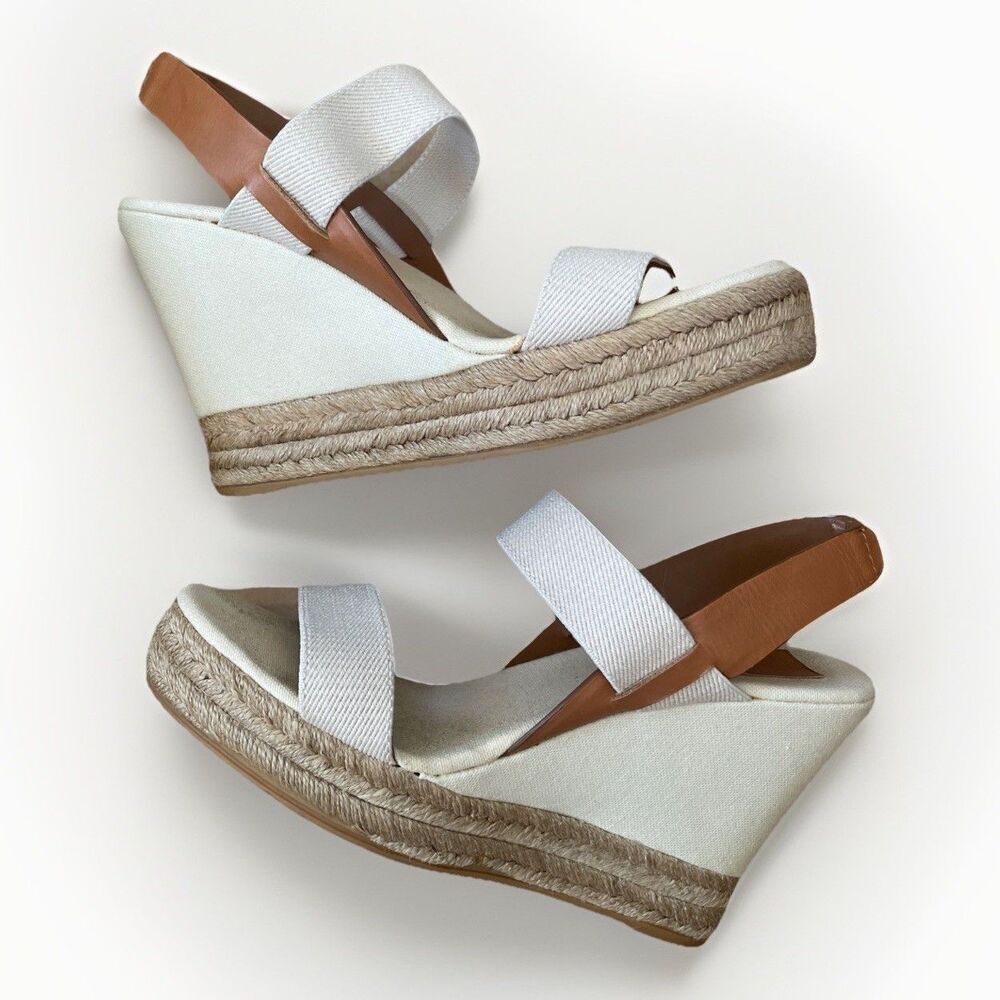 Tory Burch Sandals 9.5 Espadrille‎ Slingback Cream Brown Canvas Casual Wedges